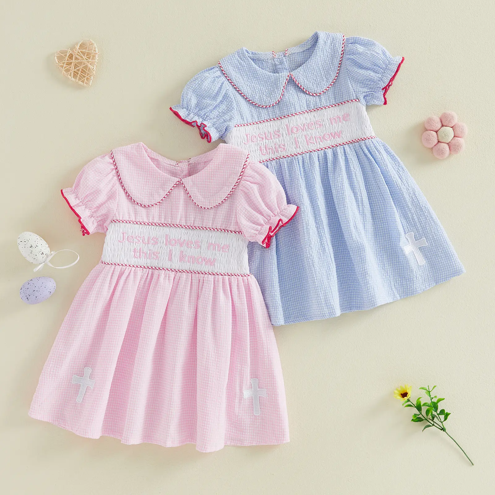 Toddler Baby Little Girls Easter Dress Smocked Short Sleeve Doll Collar Letter Cross Embroidery A-line Dress 6M-4Y