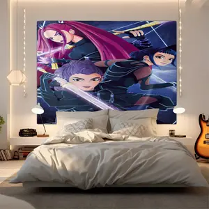1pc Sci Fi Female Warrior Tapestry Black Outfits Starry Space Background Blue Purple Tone Wall Decor For Bedroom Dorm Fans Of Fantasy Warrior Home Aesthetic