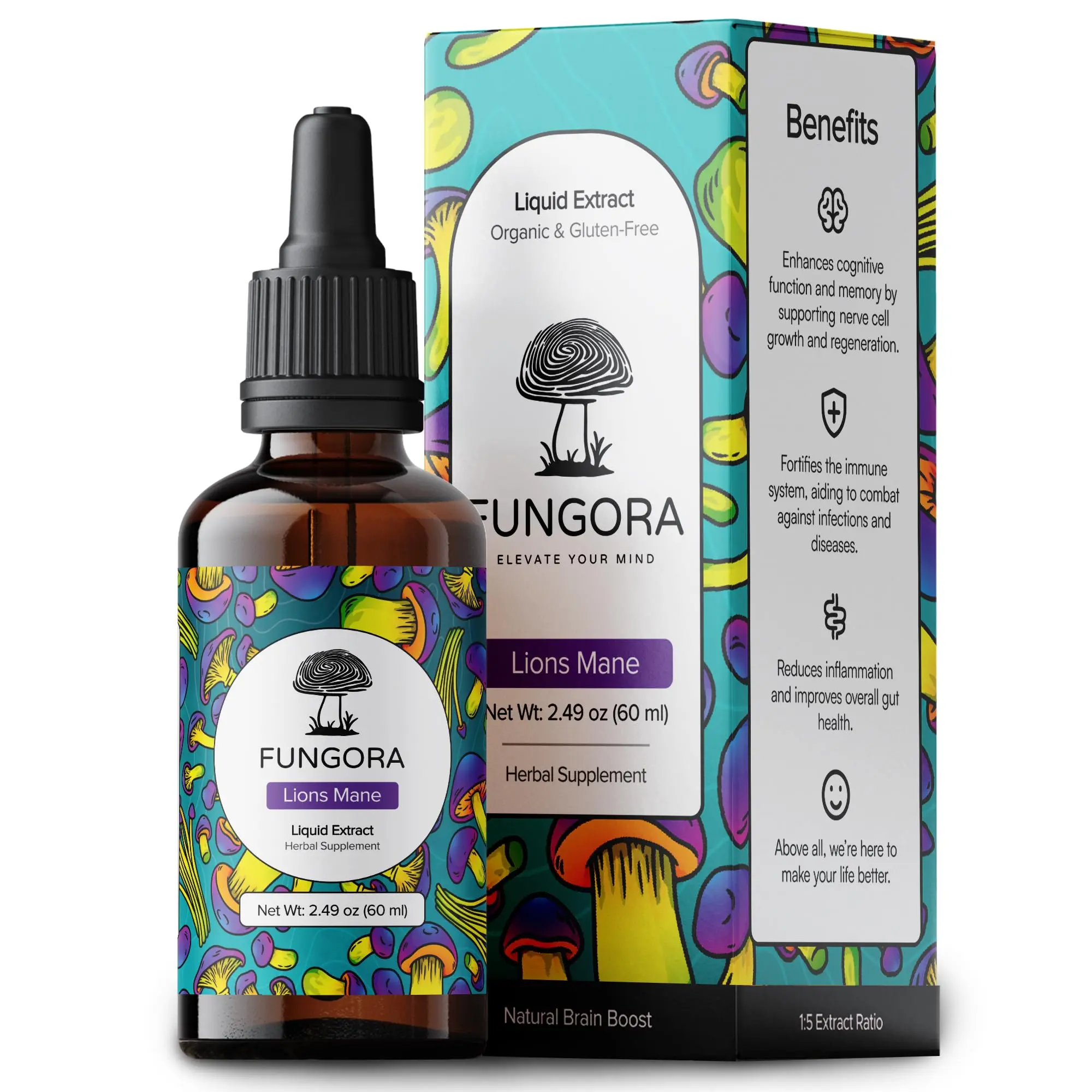 FUNGORA Lion's Mane Liquid Extract for Memory, Focus & Mental Clarity, USDA Organic Nootropic Brain Supplement, 100% Fruiting Body Mushroom Extract, Sugar-Free, Alcohol-Free, Vegan, USA Grown, 2.49 Fl Oz, 60 Servings