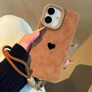 Heart pattern matte lambskin artificial leather phone case with wrist strap, anti-drop protective cover, suitable for Apple Smartphone 11/12/13/14/15/16/17/PRO/PROMAX/PLUS/Air and other phone models. A great choice for holiday gifts.