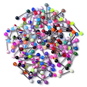 60Pcs Colorful Striped Tongue Rings Set, 316L Stainless Steel Straight Barbell Piercing Jewelry for Tongue Lip Eyebrow, Hypoallergenic Body Piercing Bars for Women Men