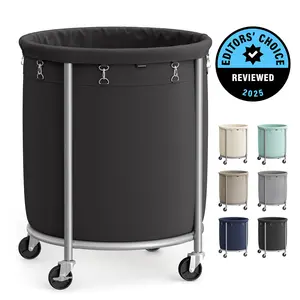 SONGMICS HOME Laundry Basket with Wheels, Rolling Laundry Hamper, Round Laundry Cart with Steel Frame and Removable Bag ,Organiser