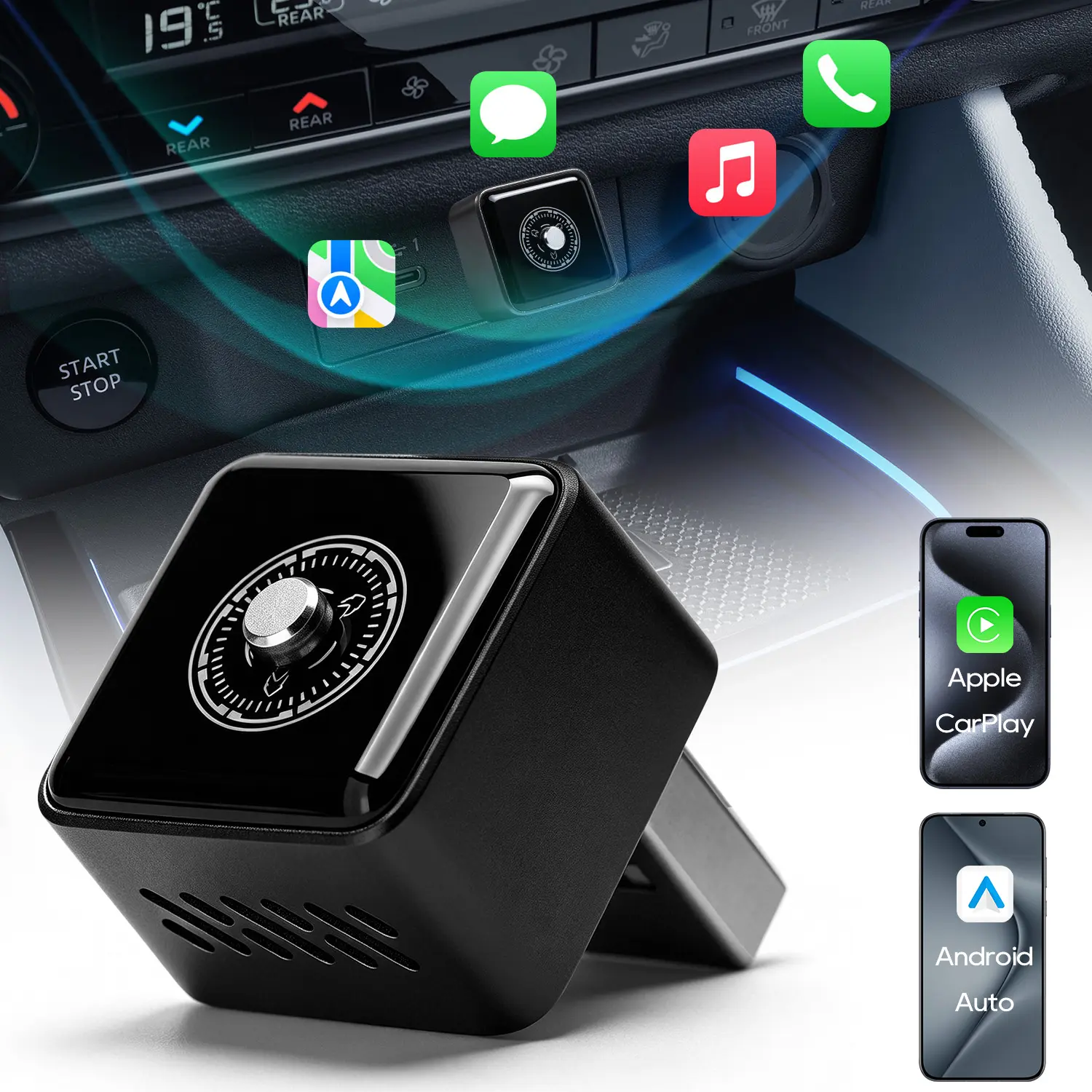 Wireless CarPlay & Android Auto Adapter, Convert Wired to Wireless Dongle, Plug-and-Play 5.2 Bluetooth Car Play Box with Dual Phone Switching
