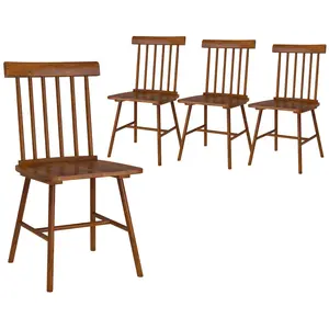 Farmhouse Wood Dining Chairs (Set of 4) - Light Brown Rubber Wood Frame, Spindle Back with 6 Vertical Rods, Curved Design, 264 lbs Weight Capacity for Rustic Dining Room Daily Meals