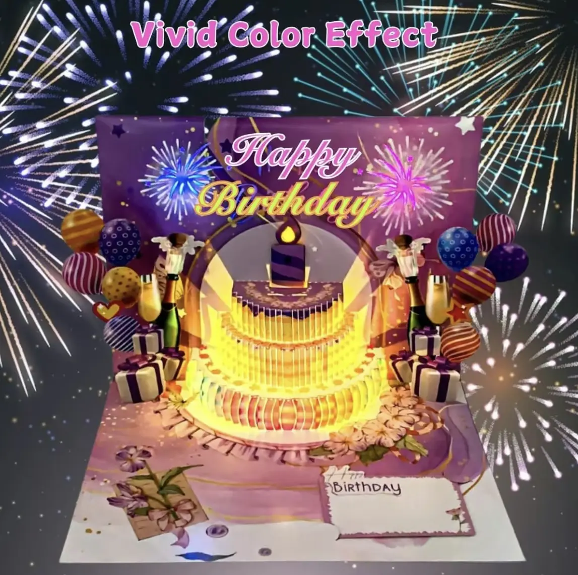 3D Pop Up Birthday Card with Fireworks Music Lights, Musical Blowable Candle Birthday Card, TikTok Viral Light Up Birthday Greeting Card, Surprise Cake Popup Card for Women Men Kids, Happy Birthday Gift Card with Envelope