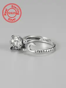 925 Sterling Silver Cute Tiger Design Cuff Ring, 2024 New Style Fashion Jewelry for Party, Daily Clothing Decor, Trendy All-match & Exquisite Jewelry for Birthday Gift