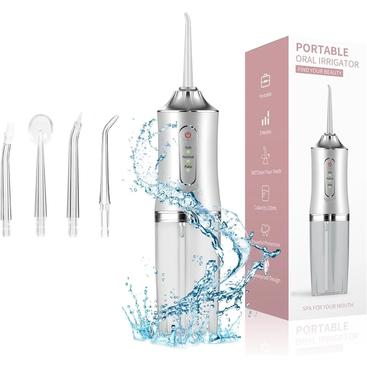 Cordless Oral Irrigator Cleanser, Rechargeable with 45-Day Battery Life, IPX7 Waterproof with 300ML Tank, 3 Modes & 4 Nozzles, Portable Dental Accessories