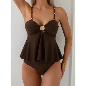 New Sale Of The Season Metal Shell Pure Color Separate Tankini Swimsuit Adjustable Shoulder Strap Women's Home Fashion