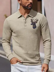 Men's Long Sleeve Polo Sweatshirt, High-Quality Waffle Knit, Christmas Deer Print, Slim Fit, Casual Wear, All Seasons, Soft Breathable Fabric