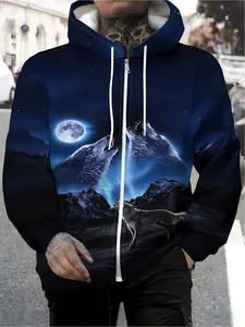 Men's Zip-Up Hoodie - Men's Zip-Up Casual Pullover Hoodie - Digital Print Pattern, Wolf Howl in the Bright Moonlight, Snow Mountain Reflecting the Northern Lights, Autumn and Winter Wear, Machine Washable, Suitable for Travel and Daily Wear - Loose Fit, S