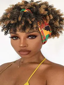 Women's Mixed Color Brown Casual Trendy 8inch Short Coily Synthetic Wigs With Bangs,  Natural Fluffy Curly Soft Synthetic Hair Wigs For Daily Or Party, Coily Textured Wigs