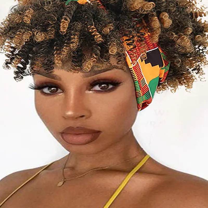 Women's Mixed Color Brown Casual Trendy 8inch Short Coily Synthetic Wigs With Bangs, Natural Fluffy Curly Soft Synthetic Hair Wigs For Daily Or Party, Coily Textured Wigs