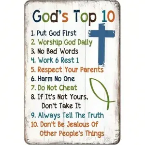 10 Commandments Christian Wall Decor for Kids - Religious Metal Tin Sign, Inspirational Scripture Wall Art with Rustic Vintage Style