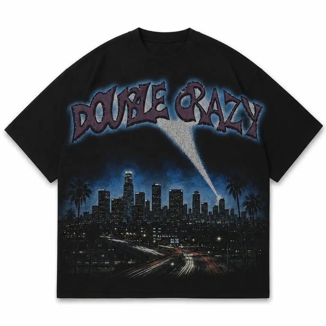 Y2K Streetwear Sparkle Graphic Tee Unisex Oversized Black Short Sleeve T-Shirt Premium Cotton Blend Heavyweight Glitter City Skyline Print Hip Hop Retro Casual Top Gift