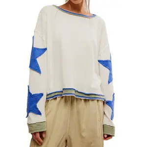 OversizedSweatshirtWomenStarGraphicCrewneckY2kLongSleeveVintageStripedJacketSweaterShirtPulloverTop
