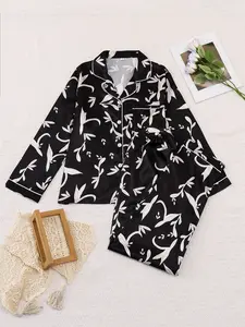 Women's Feather Print Two-Piece Pajama Set, Fashionable Comfort Homewear, Button-Down Long Sleeve Top with Elastic Pants