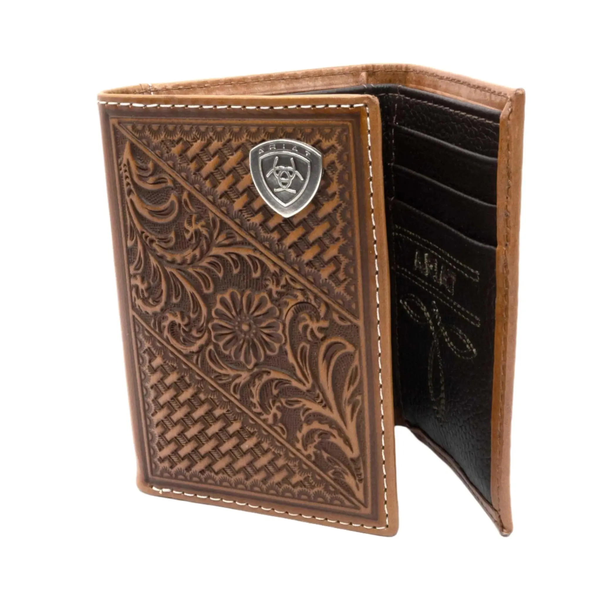 Ariat Men's Trifold Wallet - Tan Leather, Basket Weave Embossing, Floral Embossing (Style A3564108), Men's Accessories, Mens Gifts, Embossing Men's Wallets, Fashion Men's Wallets