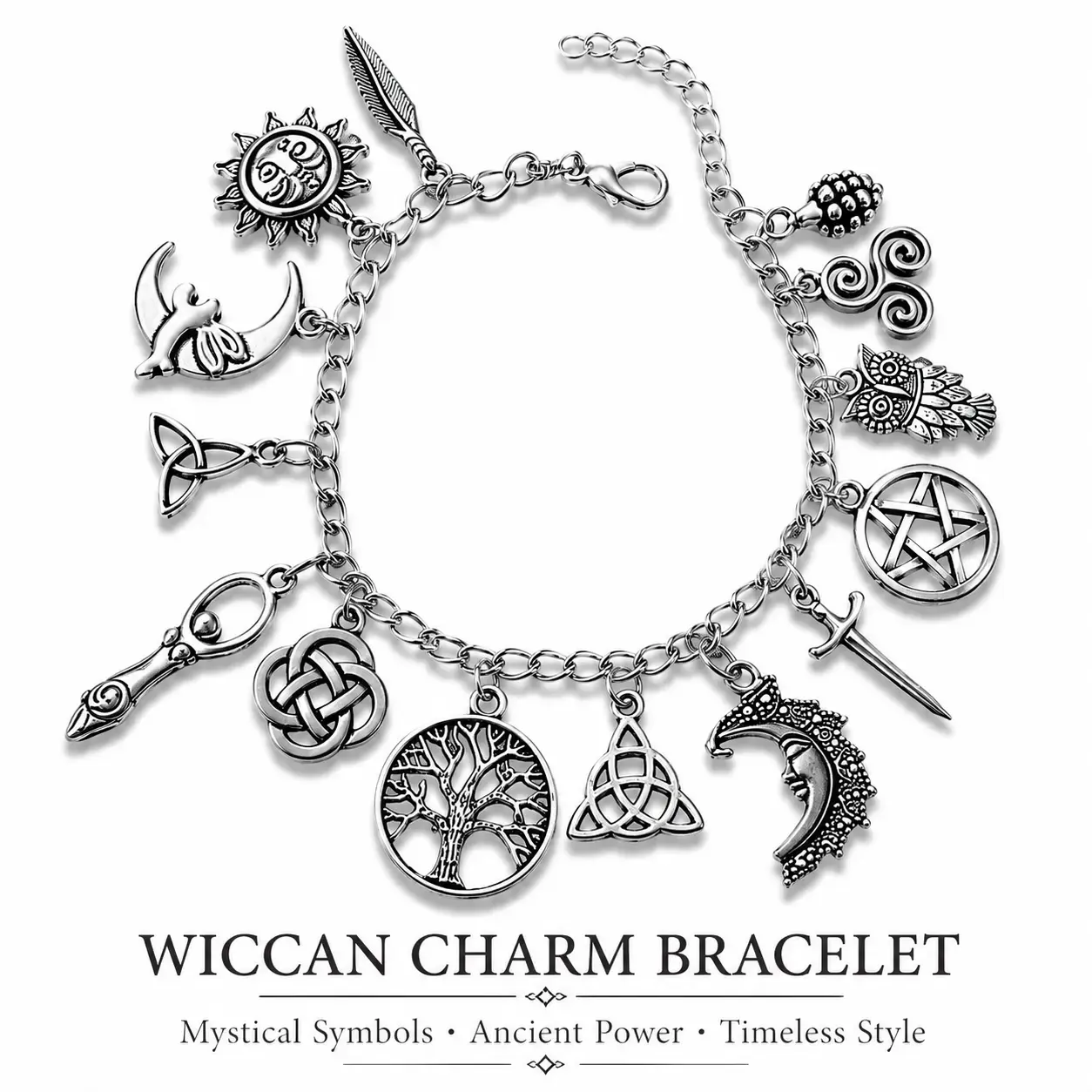 Vintage Witchy Symbolic Bracelet - Silver-Tone Pagan-Inspired Lightweight Jewelry with Moon, Sun, Tree of Life, Owl, Pentagram, Feather Charms - Celestial Gothic Boho Gift for Alternative Style Bracelets & Bangles, Adjustable, Everyday, Vintage Silver-Ton