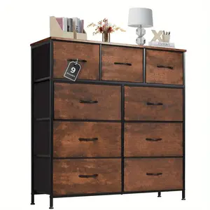 Dresser, Tall Dresser for Bedroom, Drawer Dresser Organizer Storage Drawers with 9 Drawers, Chest of Drawers with Fabric Bin, Steel Frame, Wood Top for Bedroom, Closet
