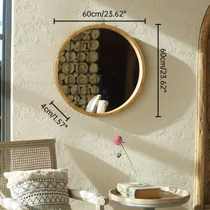 23.62" Large Round Wooden Framed Wall Mirror - Vintage Bathroom & Living Room Decor, Rustic Vanity Circle Mirror for Entryway, Bedroom, Washroom (Antique Wood Frame, Oversized Decorative Hanging Art)