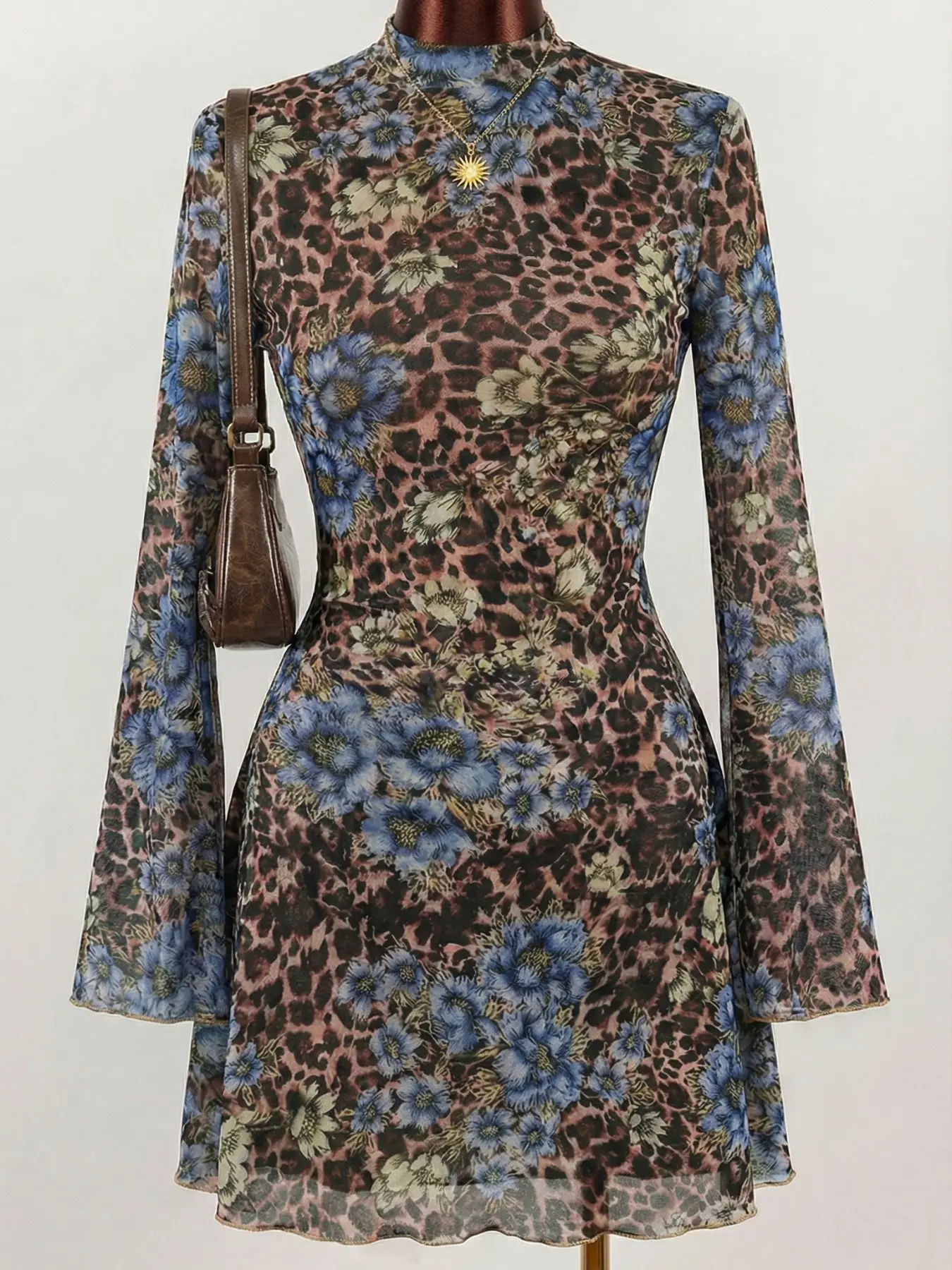 1pc Double Layer Floral Mesh Long Sleeve Dress, Flare Sleeve Sheer Slim Dress, Retro Chic Style for Party Music Festival