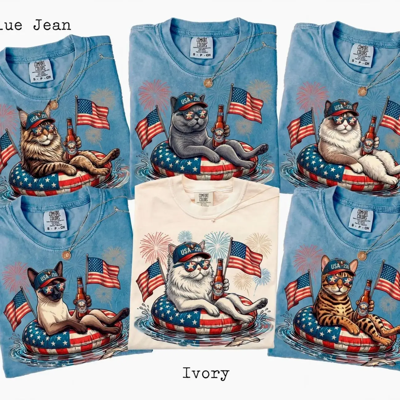 Comfort Colors Patriotic Cats Comfort Colors 4th of July Cat  T-Shirts, 55+ Cat Breeds, Custom Available, USA Flag, Fireworks, USA 250 Shirt