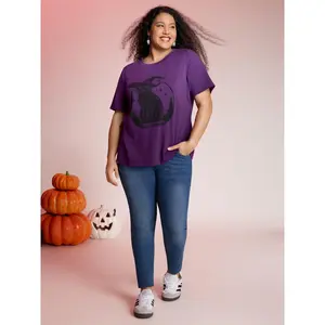 BLOOMCHIC Women's Plus Size Bewitched Cat Print Crew Neck T-Shirt [M-6X] - 2026 Summer Spandex Fabric Halloween Casual Top with Flattering Fit, Daily Deals