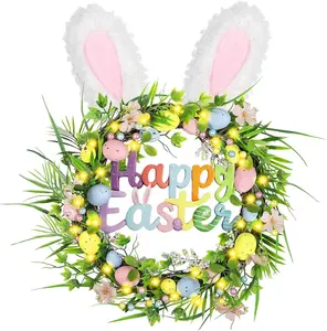MOREFEEL Bunny Ear Easter Wreath 22（16） Inch Pastel Eggs Daisies Happy Easter Sign for Front Door Porch Window Indoor Outdoor Decor