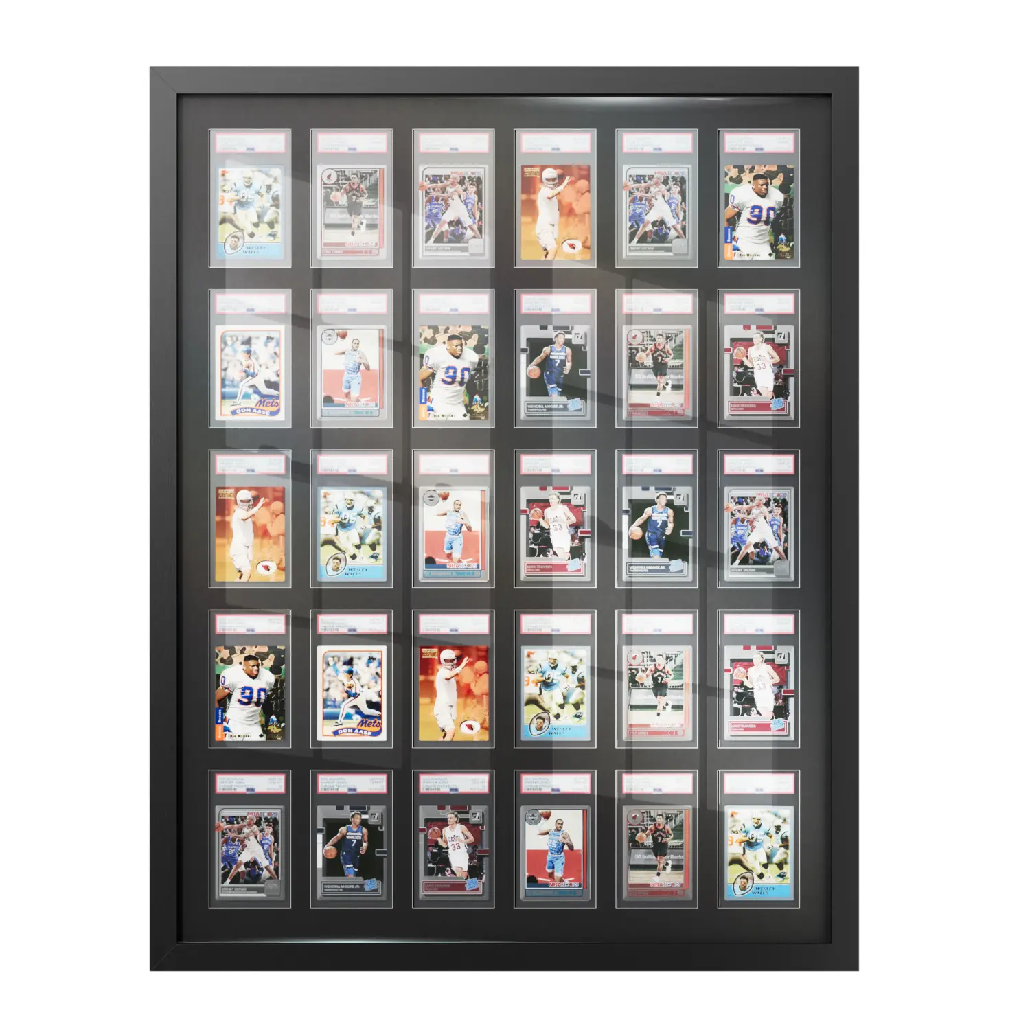 30-Slab Graded Sports Card Display Case, Large MDF Wood Wall-Mounted Collector Frame with UV-Protection Acrylic, 5x6 Layout Archival Mat for PSA, BGS, SGC, TCG Slabs, Black, Sports Cards
