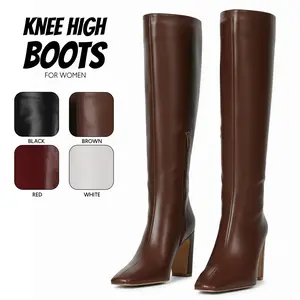Knee High Boots for Women Closed Square Toe Chunky Block High Heel Side Zipper Closure Easy Pull On Comfy Warm Wide Calf Gifts Party Wedding Work Casual Dressy Shoes
