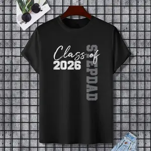 Proud Stepdad Of A Class Of 2026 Graduate Senior 26 T-Shirt, 100% Cotton, Single Side Printed, Black Short Sleeve T-shirt, Gift for Family Friends, S-XXXL, 1 pc, Fabric Weight 180g