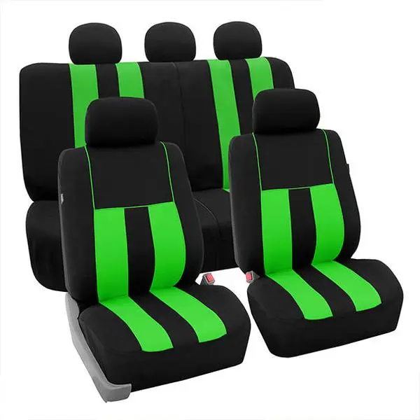 Green Striped Polyester Full-Set Car Seat Covers, Washable Hook-and-Loop, Airbag-Safe, Car Seat Decorative Automotive Interior Accessory