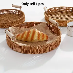 Round Handwoven Plastic Wicker Storage Basket with Handles, Home Bedroom Office Desktop Kitchen Bathroom Hotel Restaurant Tableware Organizer