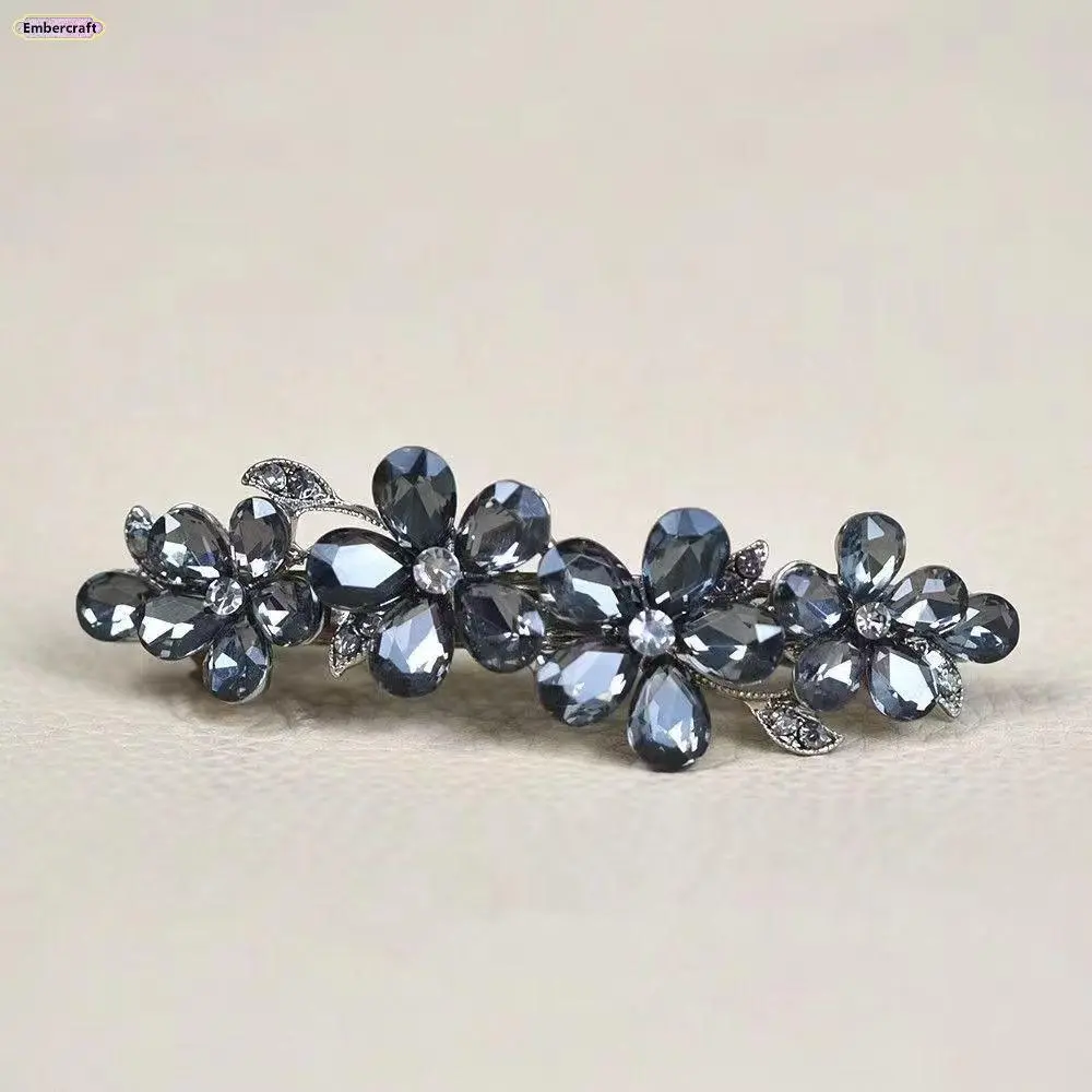 Women's Rhinestone Blue Flower Hairpin - Sparkling Crystal Long