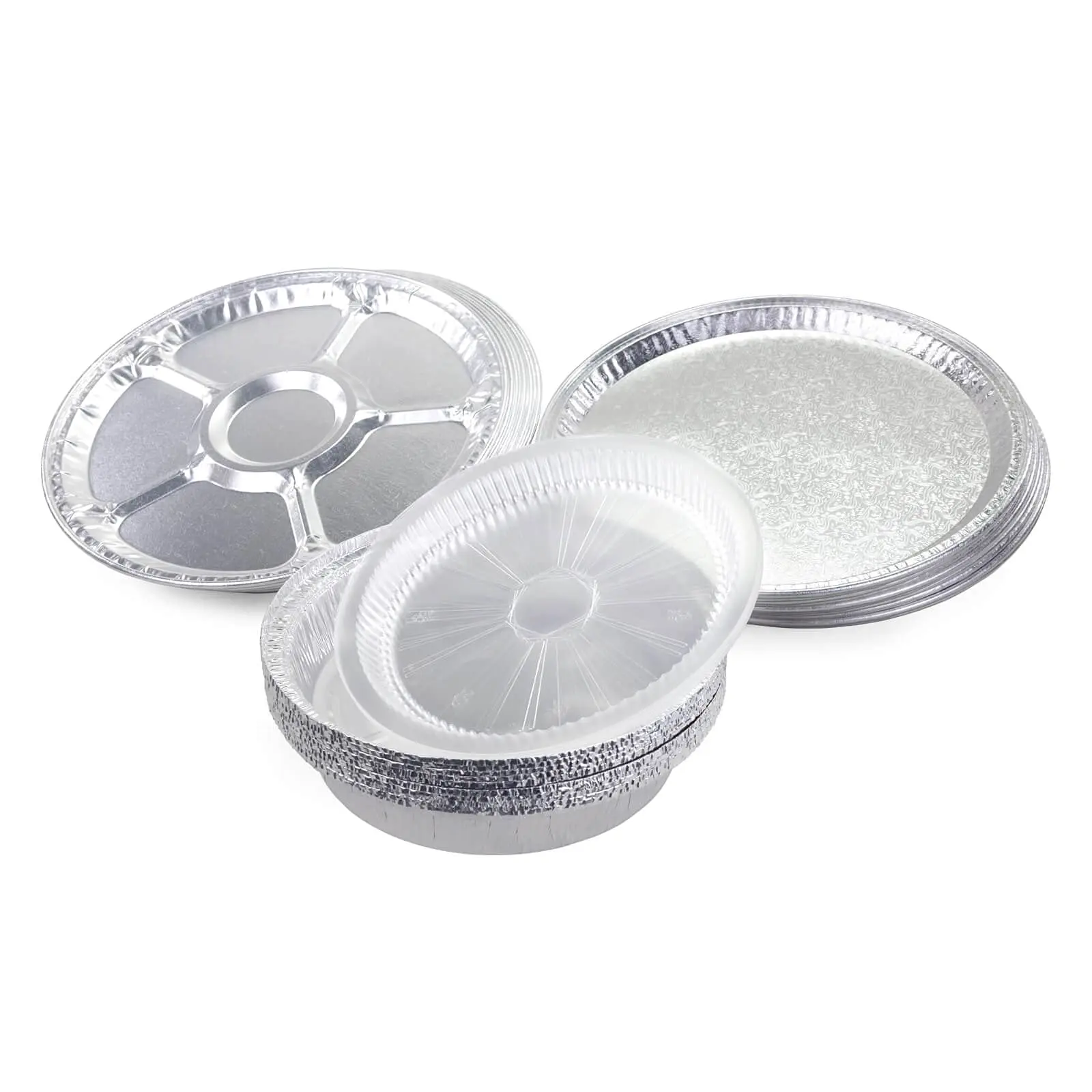 IDL Packaging 30 pc Aluminum Catering Set with 10 Lazy Suzan Trays, 10 Flat Trays and 10 Pans with Lids - Disposable Round Aluminum Foil Containers for Baking, Catering, Party Servings