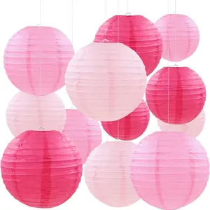12 Pieces Pink Party Paper Lanterns Romantic Decoration Rose Red and Pink Round Chinese Paper Lanterns Wedding Birthday Party Valentine's Day Engagement Decoration 12Pcs