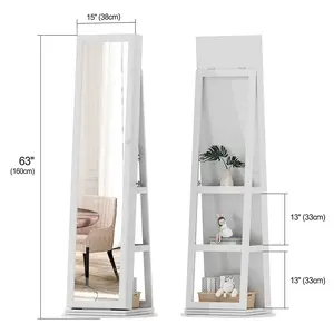 360° Rotating Full Length Mirror Jewelry Armoire - 63" Large Capacity Lockable Jewelry Organizer with Rear Storage Shelves Convenient Access to Jewelry and Accessories