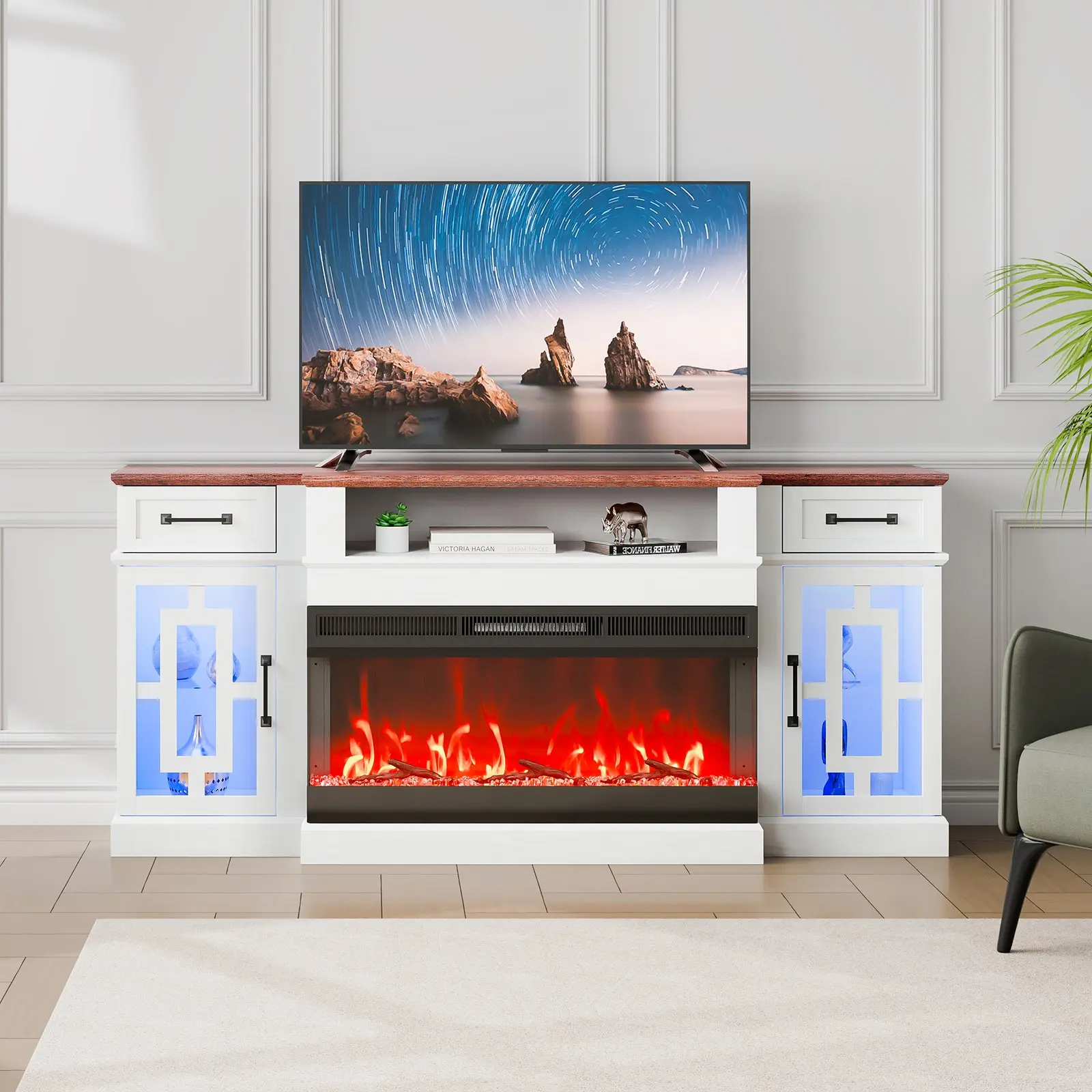 VEVOR 80in Vintage Corner Fireplace TV Stand, 36in Fireplace Insert, 2 Storage Drawers, Cabinets, 20 LED Lights, Remote Control Timer for Living Room, Brown White, 36 Fireplace