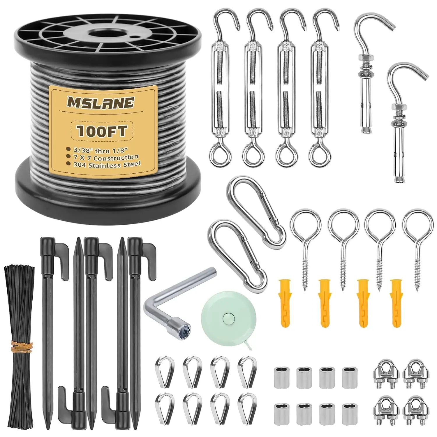 1/8" Black Wire Rope Kit 100FT 304 Stainless Steel Vinyl Coated with M5 Turnbuckles, 7x7 Strand Core Aircraft Cable for String Light, Picture Hanging, Clothesline, Curtain, and Plant Trellis