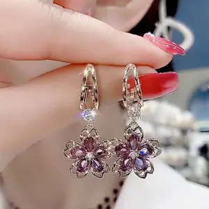Light Luxury Purple Crystal Flower Earrings For Women Shiny Zircon Waterdrop Tassel Dangle Earring Girls Temperament Jewelry