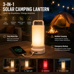 3-in-1 Solar Camping Lantern with Phone Charger, 5000mAh Rechargeable Emergency Light for Power Outage, Hurricane, Camping, Patio & Homeoe