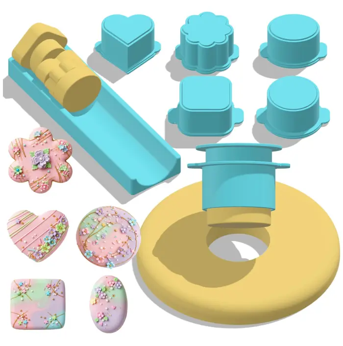 5 PCS Cake Pop Mold Set with 7.87-inch Tray, Heart Square Cloud Oval Round 3D Printed Cake Pop Cutter and Pusher, Baking Molds for Home Baking, Birthday Parties, Wedding Desserts
