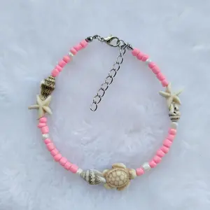 Hand-Woven Ethnic Anklet - European-American Cross-Border Fashion Costume Jewelry, Wax Thread Fabric Accessory with Turquoise, Starfish, Turtle Accents & Simple Creative Geometric Style