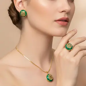 Kovonchy 2026 New 18K Gold Plated Emerald Green Enamel Jewelry Set – Stud Earrings Necklace Ring Set, Vintage Fashion Jewelry Gift for Her,valentines gifts for gf