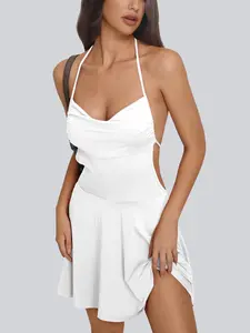 Women's Solid Spaghetti-Strap Draped Neck Ruffle Back Skater Dress Sexy Vacation & Party Wear for Beach Holidays & Summer Getaways