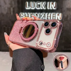 Frame with Diamond Shining Mirror Bracket Shockproof Phone Case Suitable for iPhone 17/16/15 Pro Max/14/13/12 Pro Max Plus Air MagSafe Magnetic Protective Case Makeup Mirror Women's Hand Accessories Protective Cover
