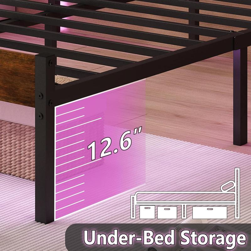 Full Size Bed Frame with Headboard,Heavy Duty LED Bed Frame with USB Charging Station,Mattress Foundation-Under Bed Storage, No Box Spring Needed, Noise Free,Brown
