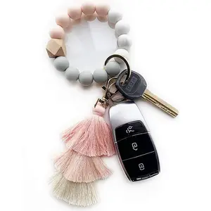 Beaded Keychain with Tassel, Silicone Key Ring Bracelet, Cute Boho Car Key Chain Wristlet for Women