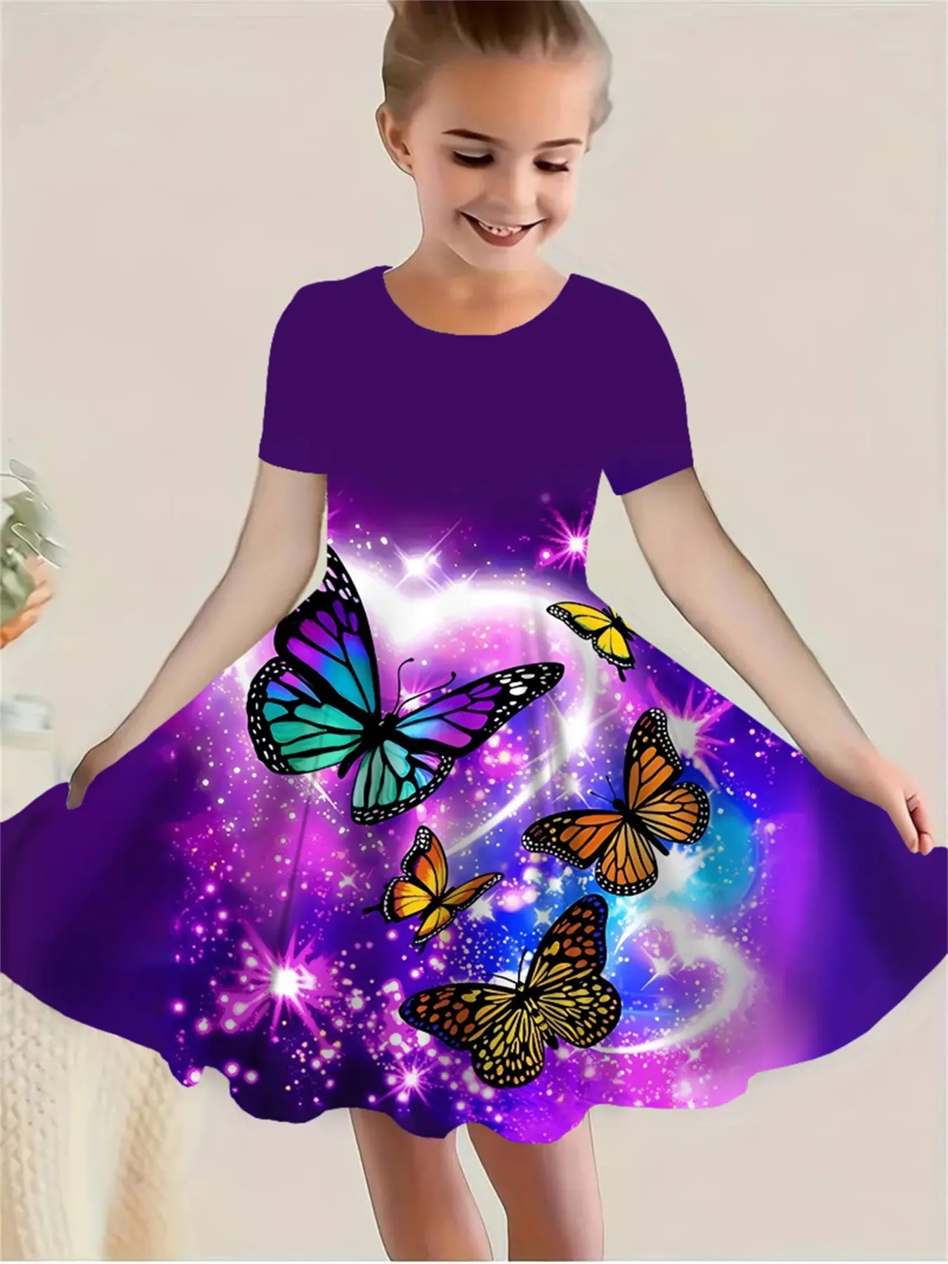 Girls' Printed Dress, Short Sleeve Round Neck Princess Dress, Heart Pattern Cartoon Dress, Spring Summer Clothing, Dresses For Summer
