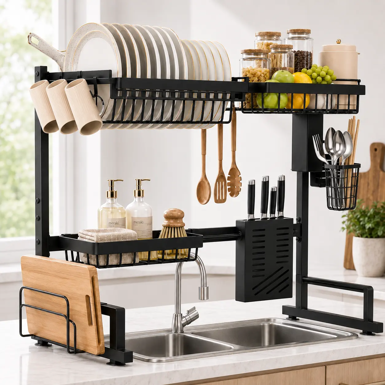 Adjustable Over Sink Dish Drying Rack 2 Tier – Stainless Steel Kitchen Dish Drainer with Utensil Holder, Knife Rack, Cutting Board Holder & Hooks – Large Capacity Space Saving Organizer (30.5"-34.9")